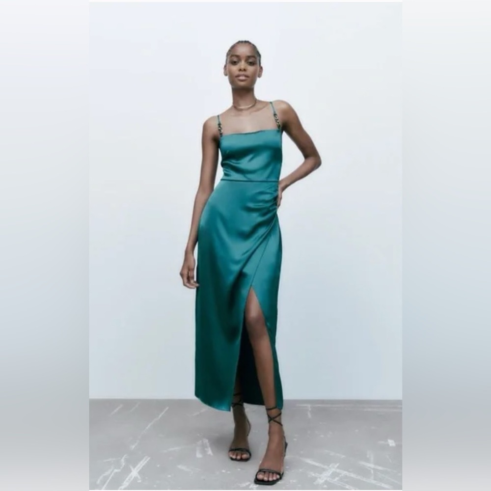 Zara Emerald Green Satin Dress - Size S